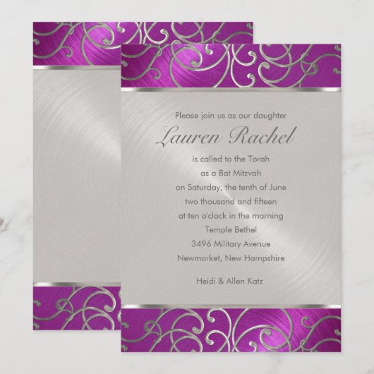 バルミツワーエレガントラズベリーピンクシルバーフィリグリー 招待状 (正面/裏面)