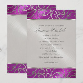 バルミツワーエレガントラズベリーピンクシルバーフィリグリー 招待状