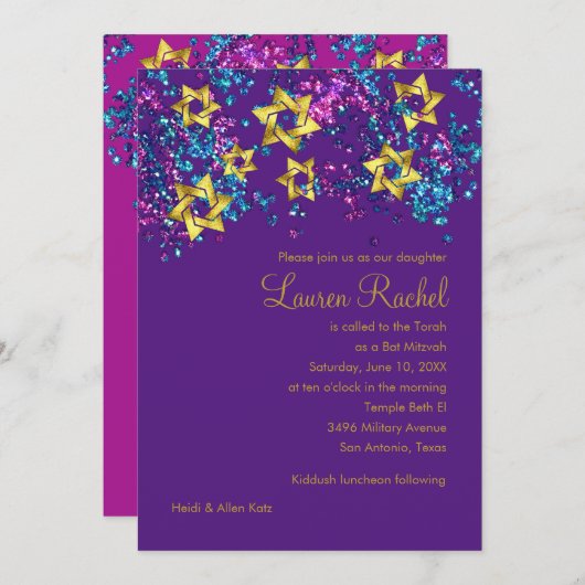 バルミツワーカラフル金ゴールドスターきらびやかな紙吹雪 招待状 (正面/裏面)