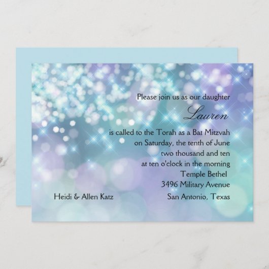バルミツワーキラライトブルーとパープル 招待状 (正面/裏面)