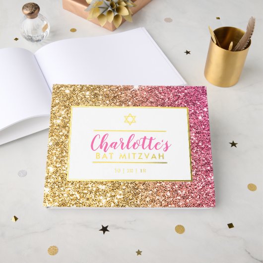 バルミツワーグラムシッククールルクセンピンク金ゴールドグリッター ゲストブック (正面見開き)