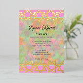 バルミツワース縁どターピンクパープルグリーンパターン 箔招待状 (立ち正面)