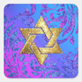 バルミツワーターコイズとピンクのグリッタリーダマスク スクエアシール (正面)