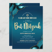 バルミツワーターコイズアゲグラデーションート金ゴールドスクリプトシック 招待状 (正面/裏面)