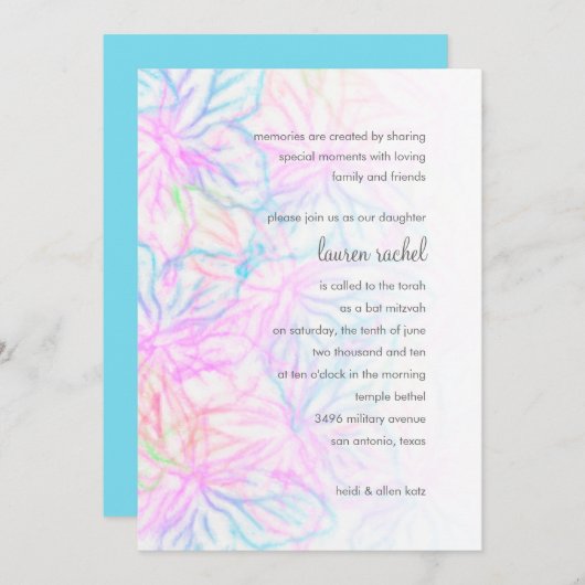 バルミツワーターコイズピンクパープルグリーンバタフライ 招待状 (正面/裏面)