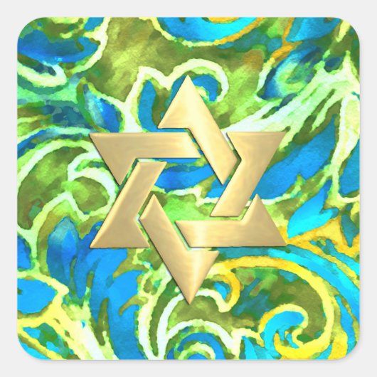 バルミツワーターコイズブルーグリーンウォーターカラーダマスク スクエアシール (正面)