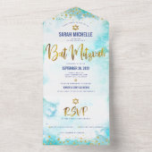 バルミツワーターコイズ水彩金ゴールド脚本ガーリー オールインワン招待状 (内側)