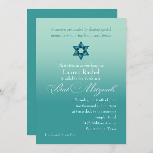 バルミツワーティール(緑がかった色)グラデーションwith Star 招待状 (正面/裏面)