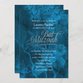 バルミツワーティール（緑がかった色）ブルーウォーターカラーフラワーズ 招待状 (正面/裏面)