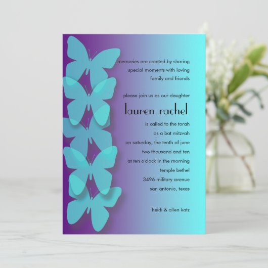 バルミツワーディメンショナルバタフライターコイズパープル 招待状 (スタンド正面)