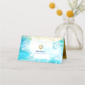 バルミツワートレンディー金ゴールドドットターコイズ水彩 プレイスカード (裏面)