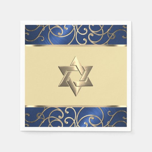 バルミツワーネイビエレガントーブルー&金ゴールドフィリグリー スタンダードカクテルナプキン (正面)
