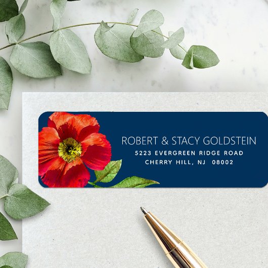 バルミツワーネイビーブルーフローラモダン差出人住所 ラベル