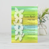 バルミツワーバタフライウォーターカラーブルーグリーンイエロー 招待状 (スタンド正面)