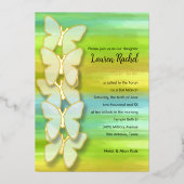 バルミツワーバタフライウォーターカラーブルーグリーンイエロー 箔招待状 (正面)