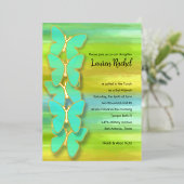 バルミツワーバタフライウォーターカラーブルーグリーンイエロー 箔招待状 (立ち正面)