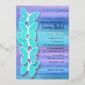 バルミツワーバタフライターコイズパープルウォーター色 箔招待状 (正面)