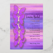 バルミツワーバタフライピンクパープルウォーター色 箔招待状 (正面)