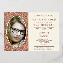 バルミツワーバラ金ゴールドオーバルフォトシックバラ金ゴールド 箔招待状