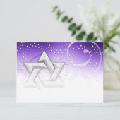 バルミツワーパープルきらめくスターオブデイビッドRSVPカード 出欠カード (スタンド正面)