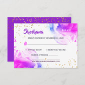 バルミツワーパープルウォーターカラーグリッターRSVPカード 出欠カード (正面/裏面)