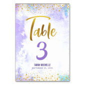 バルミツワーパープルウォーターカラー金ゴールドスクリプトグリッター テーブルナンバー (正面)
