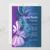 バルミツワーパープルティール（緑がかった色）ブルーピンクボヘミアンフローラ 招待状 (正面)