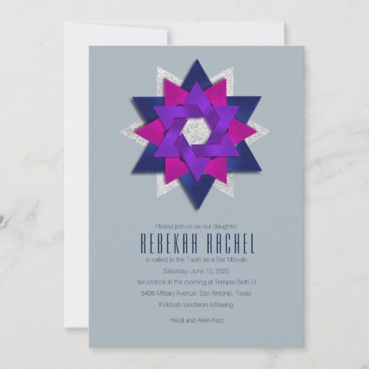 バルミツワーパープルピンクのネイビースターフラワー 招待状 (正面)
