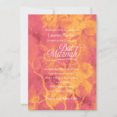 バルミツワーピンクとオレンジ色の水彩花 招待状 (正面)