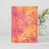 バルミツワーピンクとオレンジ色の水彩花 招待状 (スタンド正面)
