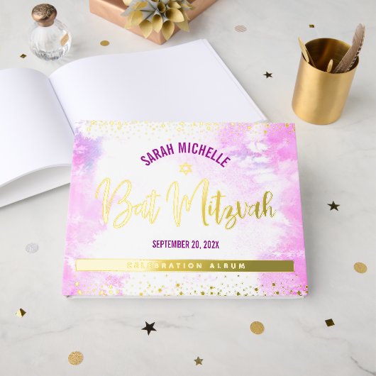 バルミツワーピンクウォーターカラー実在スクリットフォイル ゲストブック (正面見開き)