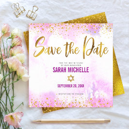 バルミツワーピンクウォーターカラー金ゴールドスクリプトスクエア セーブザデート