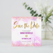 バルミツワーピンクウォーターカラー金ゴールドスクリプトスクエア セーブザデート (スタンド正面)