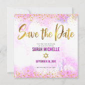 バルミツワーピンクウォーターカラー金ゴールドスクリプトスクエア セーブザデート (正面)