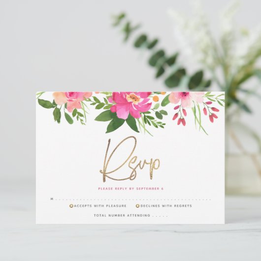 バルミツワーピンクウォーター色フローラ金ゴールドスクリプト 出欠カード (スタンド正面)