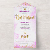 バルミツワーピンクウォーター金ゴールド脚本モダン オールインワン招待状 (内側)