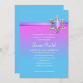 バルミツワーピンクグラデーションリボンとスター 招待状 (正面/裏面)
