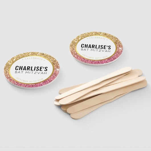 バルミツワーファン自撮りきらびやかな金ゴールドピンクグリッター ハンドファン (組立なし)