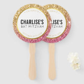 バルミツワーファン自撮りきらびやかな金ゴールドピンクグリッター ハンドファン (正面&裏面)