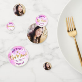 バルミツワーフォトゴールドフォイルスクリプトピンク水色 コンフェッティ