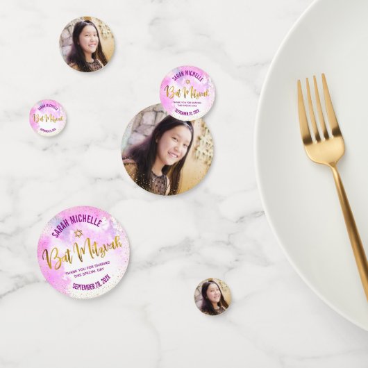 バルミツワーフォトゴールドフォイルスクリプトピンク水色 コンフェッティ (グループ)