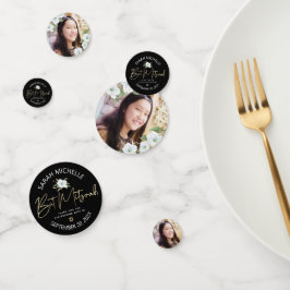 バルミツワーフォトブラック金ゴールドスクリプトエレガントフローラ コンフェッティ