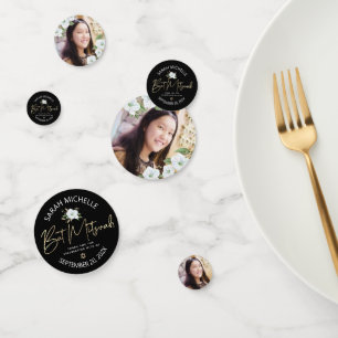 バルミツワーフォトブラック金ゴールドスクリプトエレガントフローラ コンフェッティ