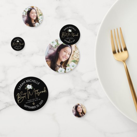 バルミツワーフォトブラック金ゴールドスクリプトエレガントフローラ コンフェッティ (グループ)