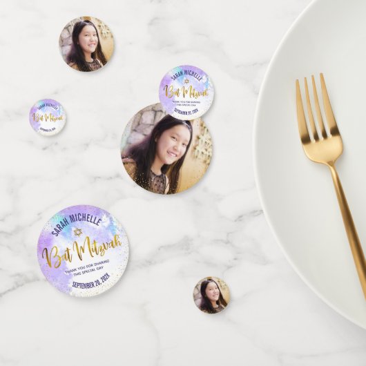 バルミツワーフォト金ゴールドスクリプトパープルウォーター色 コンフェッティ (グループ)