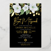 バルミツワーフローラウォーターカラーブラック実在金ゴールド 箔招待状 (正面)