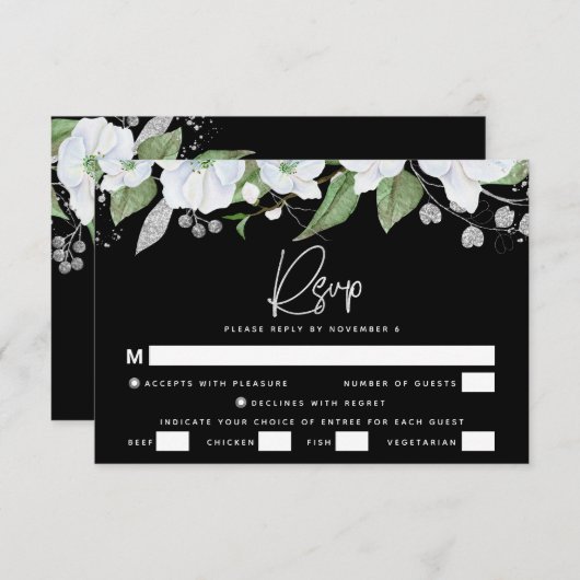 バルミツワーブラックシルバースクリプト水彩フローラ 出欠カード (正面/裏面)