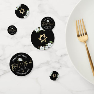 バルミツワーブラック金ゴールドスクリプトフローラ水彩 コンフェッティ