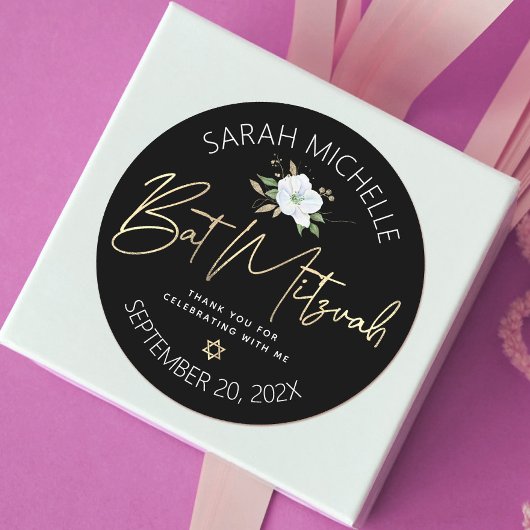 バルミツワーブラック金ゴールドスクリプトフローラ水彩 ラウンドシール