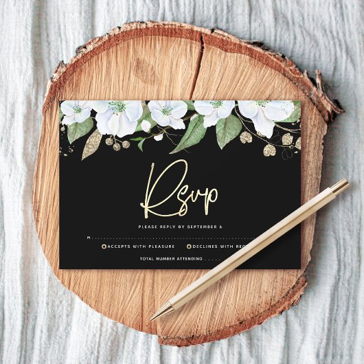 バルミツワーブラック金ゴールドスクリプトフローラ水彩 出欠カード